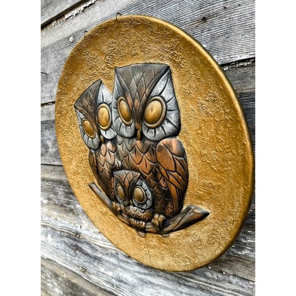 Vintage MCM Decor Hanging Plate/Plaque Owls Gold Brown - Picture 9 of 11